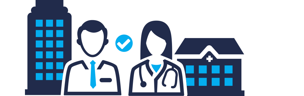Icon graphic consisting of a male and female physician, with a building on the outer side of them