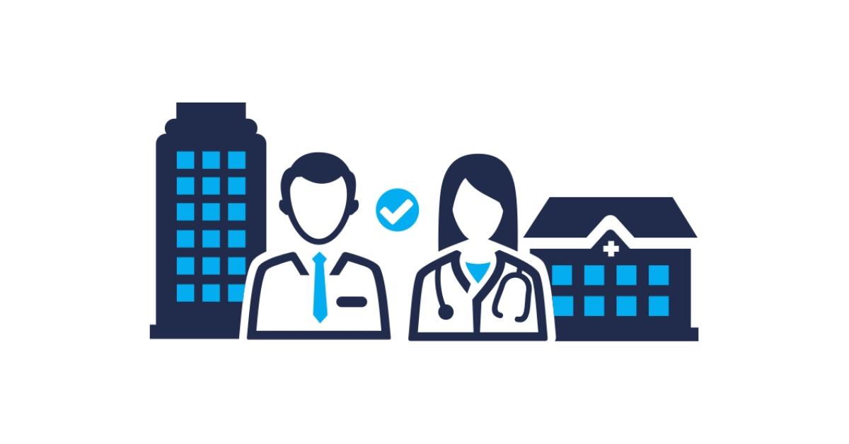Icon illustration featuring a male and female physician in the center, with a building on the outer side of them