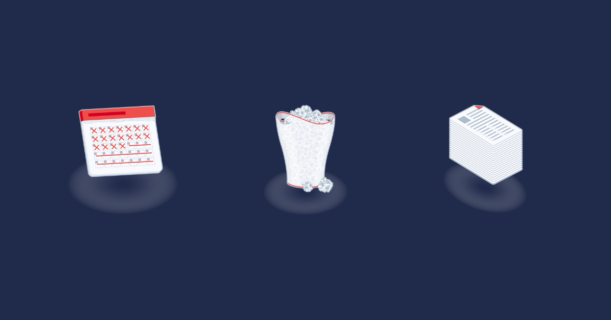 Three icon graphics: A calendar, a waste bin filled with crumpled paper, and a stack of papers, set on a navy blue background color
