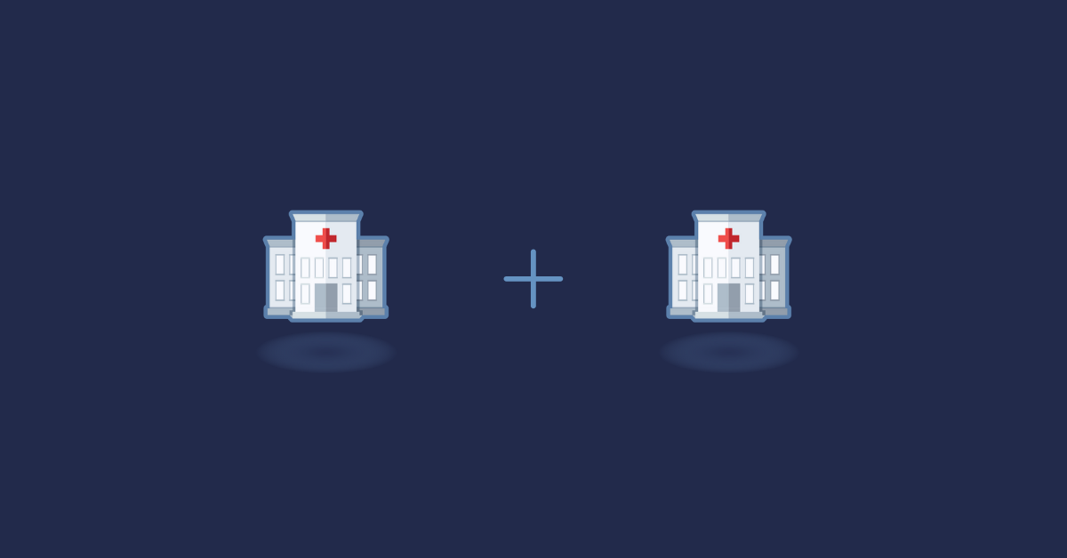 Two hospital icon graphics with a plus symbol between them, set on a navy blue background color
