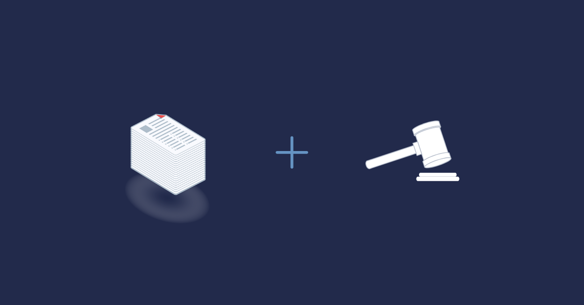 Two floating icon graphics, a stack of papers plus a gavel, set on a navy blue background color