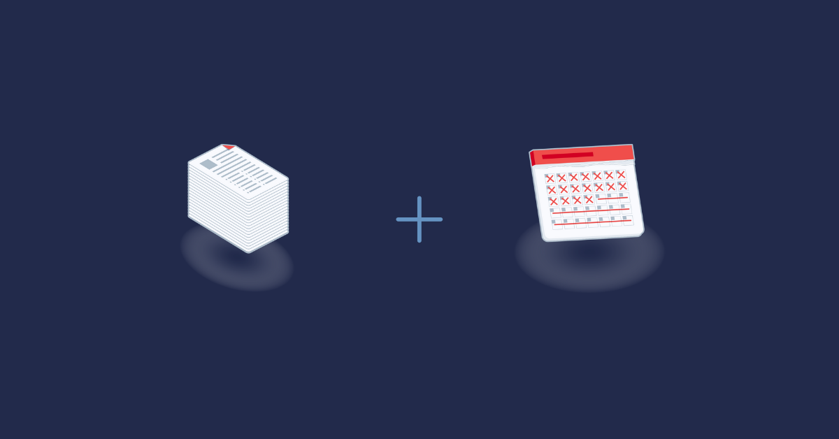 A set of icon graphics set up as a mathematical addition: A stack of papers plus a calendar, set on a navy blue background color