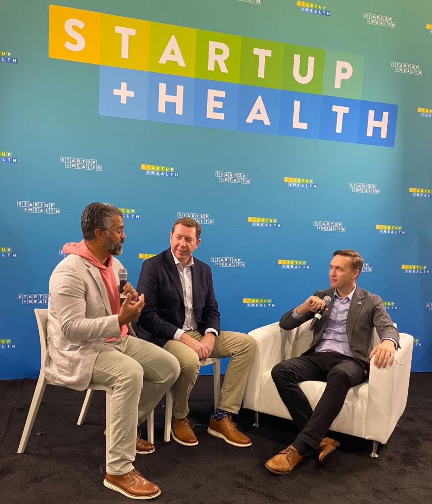 Madaket CEO Eric Demers (center) and Mocingbird CEO Dr. Ian Maldom (left) discussed the value of strategic platform partnerships for seamless client experience during the HLTH 2022 StartUp Health Festival (November 13-16, 2022).